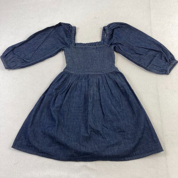 J.Crew Chambray Denim Smocked Puff-Sleeve Dress Women's XXS Blue Midi Casual NWT - Picture 1 of 13